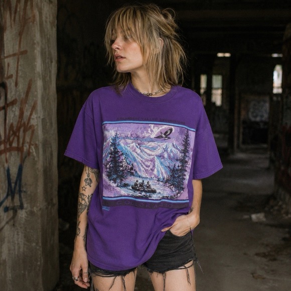 Jerzees Other - VTG 1992 Glitter Graphic T Shirt L‎ Arkansas River Rafting Colorado Purple USA